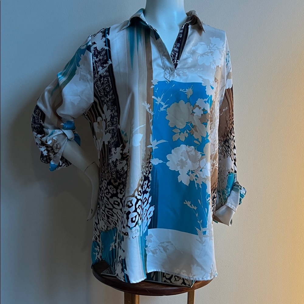 Chico's silkie Floral Pattern Shirt with animal print accent
